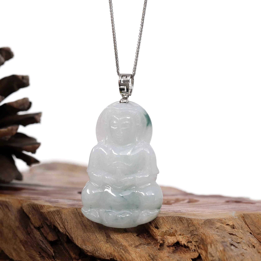 Baikalla Jewelry Jade Guanyin Pendant Necklace Copy of Copy of Copy of Copy of Copy of "Goddess of Compassion" Genuine Burmese Ice Blue Jadeite Jade Guanyin Necklace With Good Luck Design Sterling Silver Bail