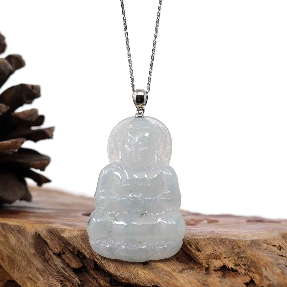 Baikalla Jewelry Jade Guanyin Pendant Necklace Copy of Copy of Copy of "Goddess of Compassion" Genuine Burmese Ice Blue Jadeite Jade Guanyin Necklace With Good Luck Design Sterling Silver Bail