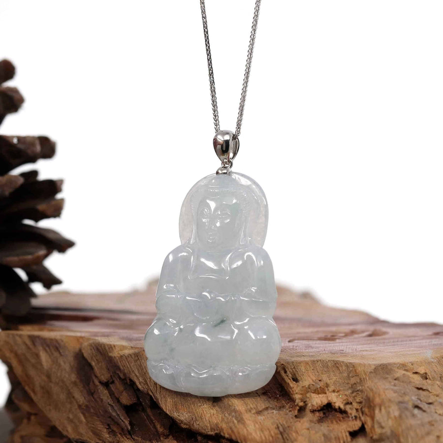 Baikalla Jewelry Jade Guanyin Pendant Necklace Copy of Copy of Copy of "Goddess of Compassion" Genuine Burmese Ice Blue Jadeite Jade Guanyin Necklace With Good Luck Design Sterling Silver Bail