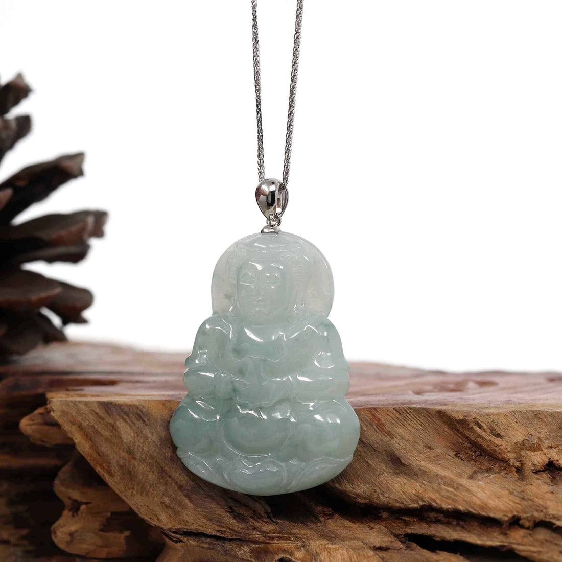 Baikalla Jewelry Jade Guanyin Pendant Necklace Copy of "Goddess of Compassion" Genuine Burmese Ice Blue Jadeite Jade Guanyin Necklace With Good Luck Design Sterling Silver Bail