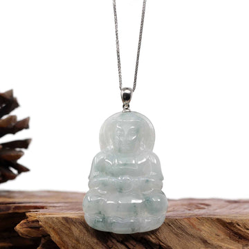 Baikalla Jewelry Jade Guanyin Pendant Necklace Copy of Copy of "Goddess of Compassion" Genuine Burmese Ice Blue Jadeite Jade Guanyin Necklace With Good Luck Design Sterling Silver Bail