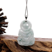Baikalla Jewelry Jade Guanyin Pendant Necklace Copy of Copy of "Goddess of Compassion" Genuine Burmese Ice Blue Jadeite Jade Guanyin Necklace With Good Luck Design Sterling Silver Bail