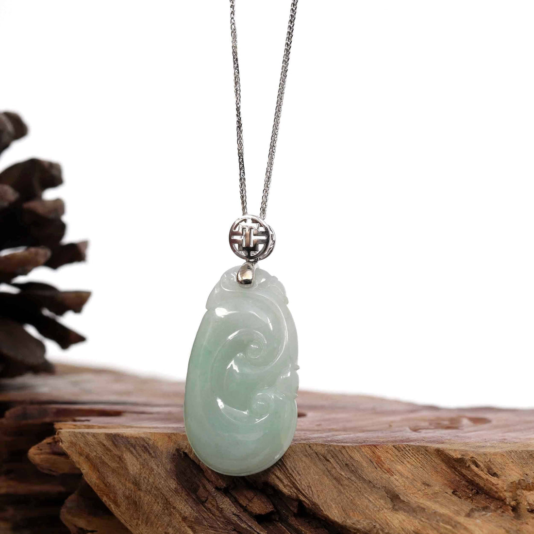 Baikalla Jewelry Jade Guanyin Pendant Necklace Copy of Copy of Natural Light Green Jadeite Jade Ru Yi Pendant Necklace With Sterling Silver Bail