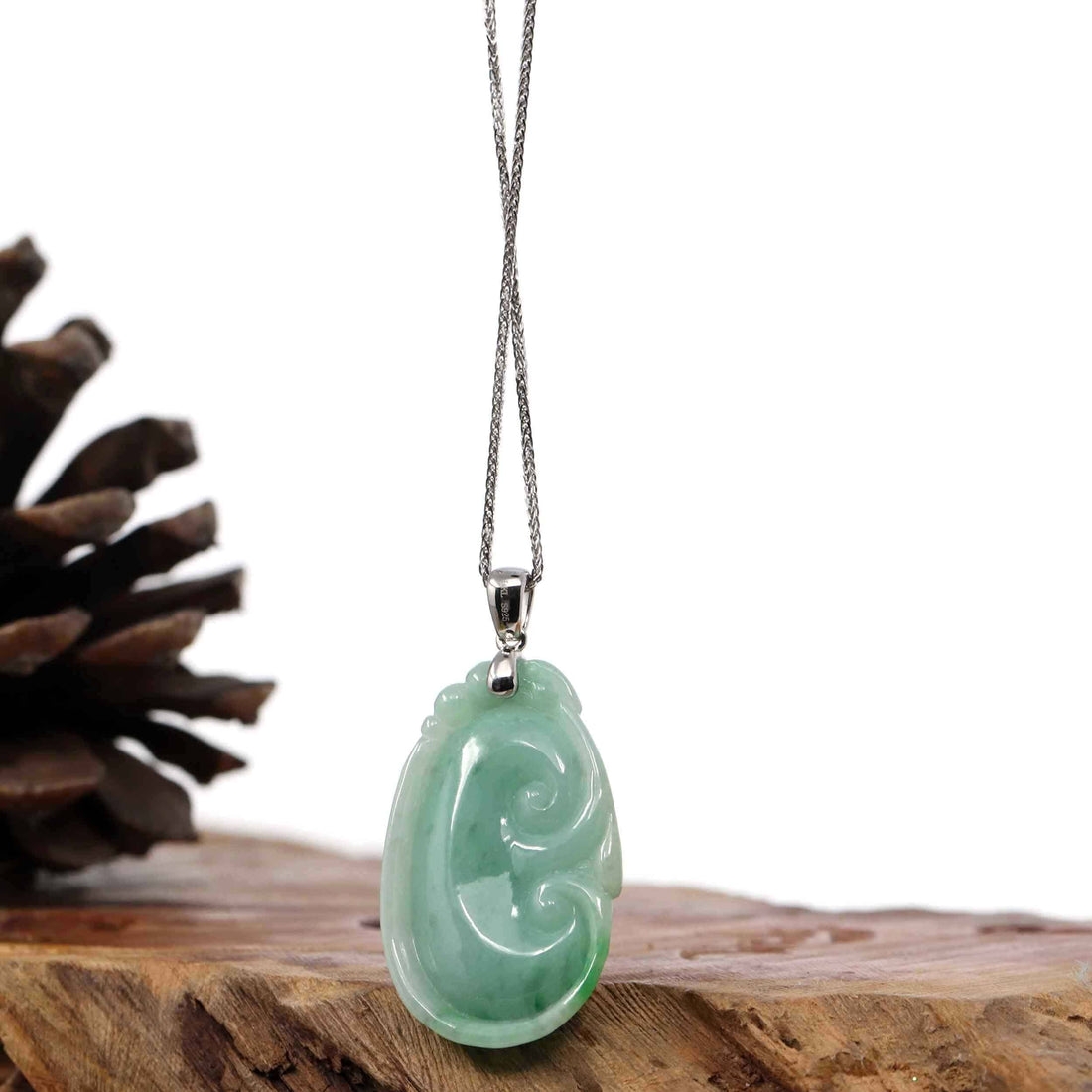 Baikalla Jewelry Jade Guanyin Pendant Necklace Copy of Copy of Copy of Natural Light Green Jadeite Jade Ru Yi Pendant Necklace With Sterling Silver Bail