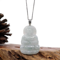 Baikalla Jewelry Jade Guanyin Pendant Necklace Copy of Copy of Copy of Copy of "Goddess of Compassion" Genuine Burmese Ice Blue Jadeite Jade Guanyin Necklace With Good Luck Design Sterling Silver Bail