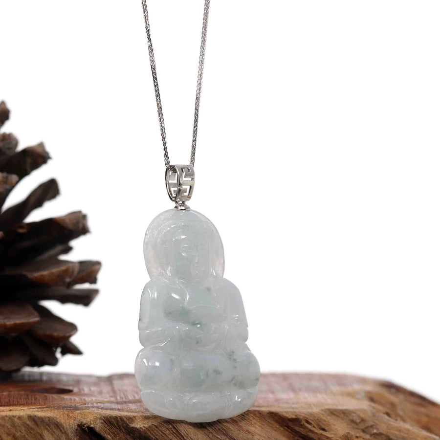Baikalla Jewelry Jade Guanyin Pendant Necklace Copy of Copy of Copy of Copy of "Goddess of Compassion" Genuine Burmese Ice Blue Jadeite Jade Guanyin Necklace With Good Luck Design Sterling Silver Bail