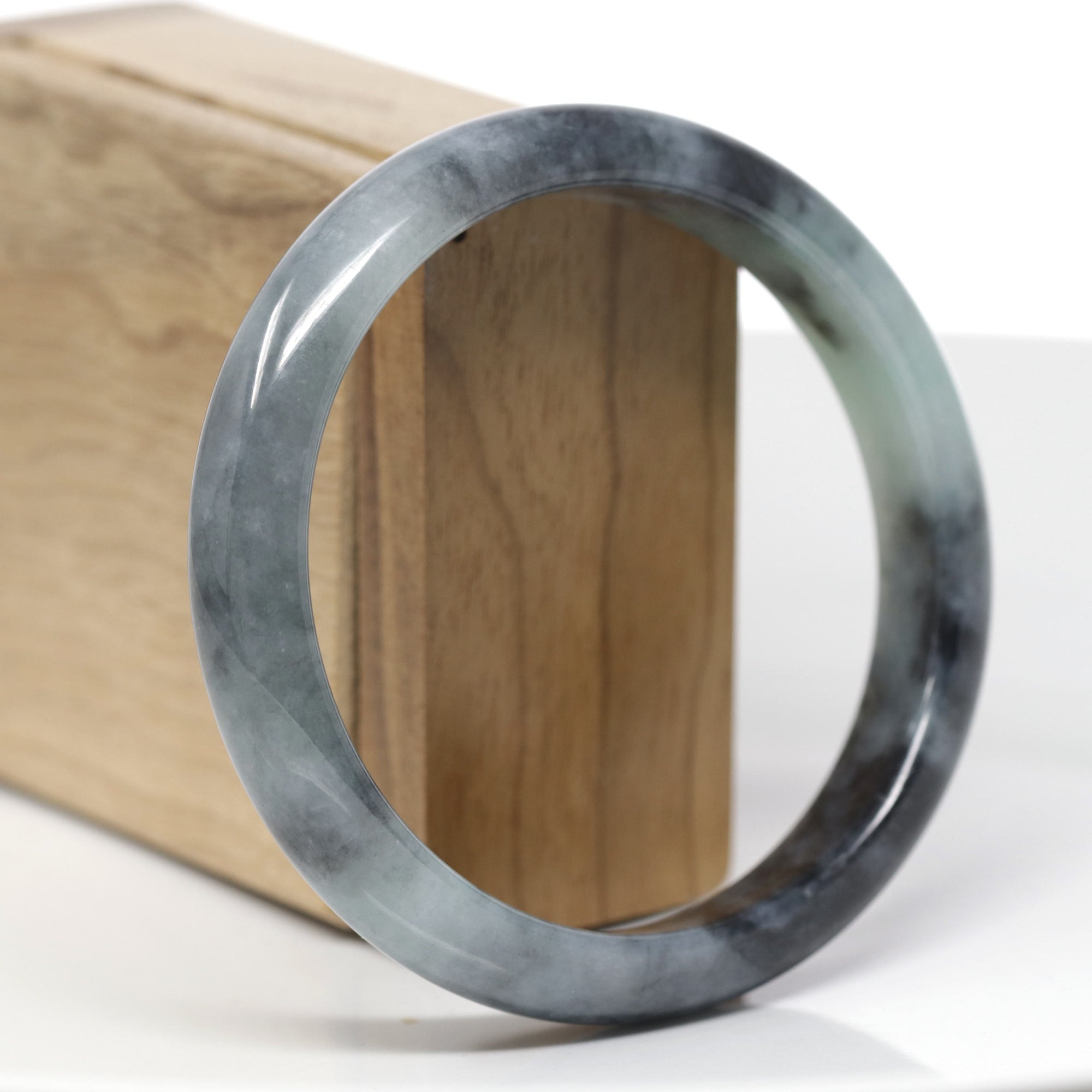 Baikalla Natural Black Wuji &amp; Light Green Jadeite Jade "Half Round" Bangle Bracelet (62.8mm) 