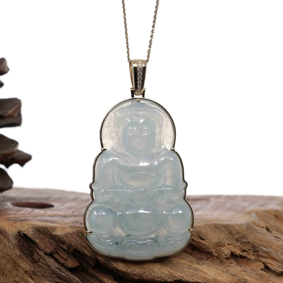 Baikalla Jewelry Jade Guanyin Pendant Necklace Copy of Baikalla 14k "Goddess of Compassion" Genuine Burmese Jadeite Jade Guanyin Necklace With Good Luck Design