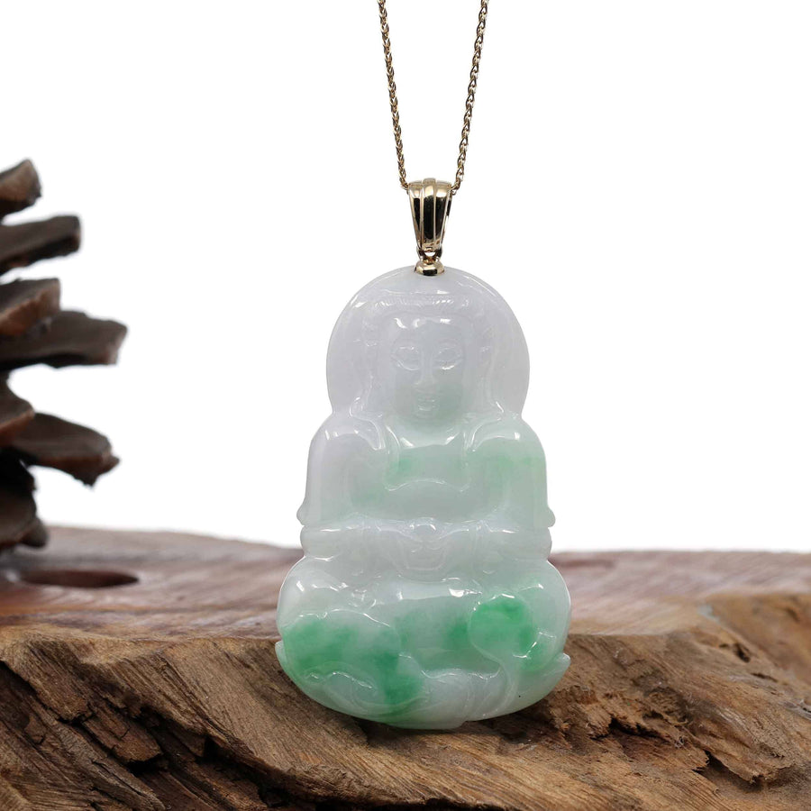 Baikalla Jewelry Jade Guanyin Pendant Necklace Pendant Only Copy of Copy of "Goddess of Compassion" 14k Yellow Gold Genuine Burmese Jadeite Jade Guanyin Necklace With Good Luck Design