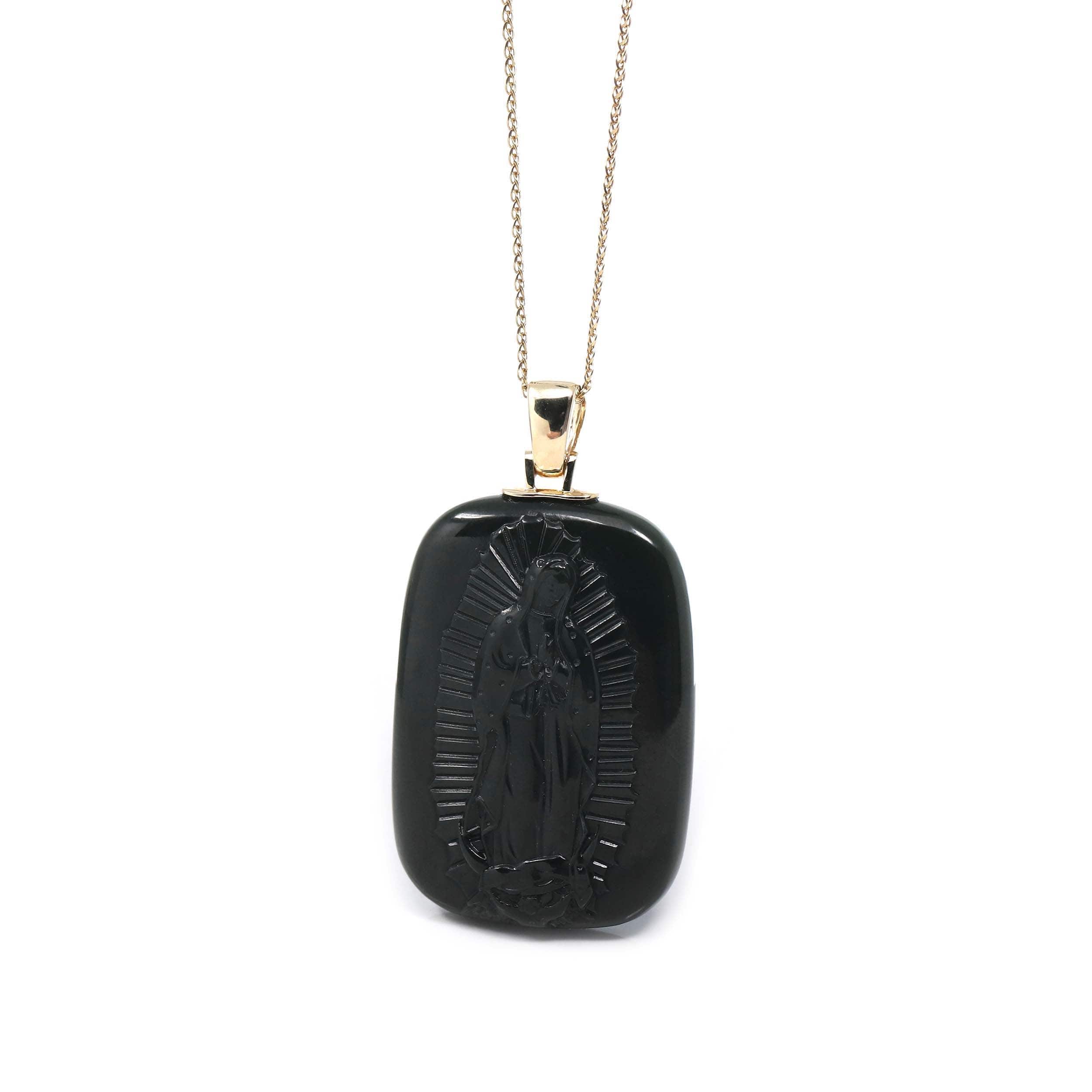 Baikalla™ 14K Yellow Gold Genuine Nephrite Black Jade Mother Mary