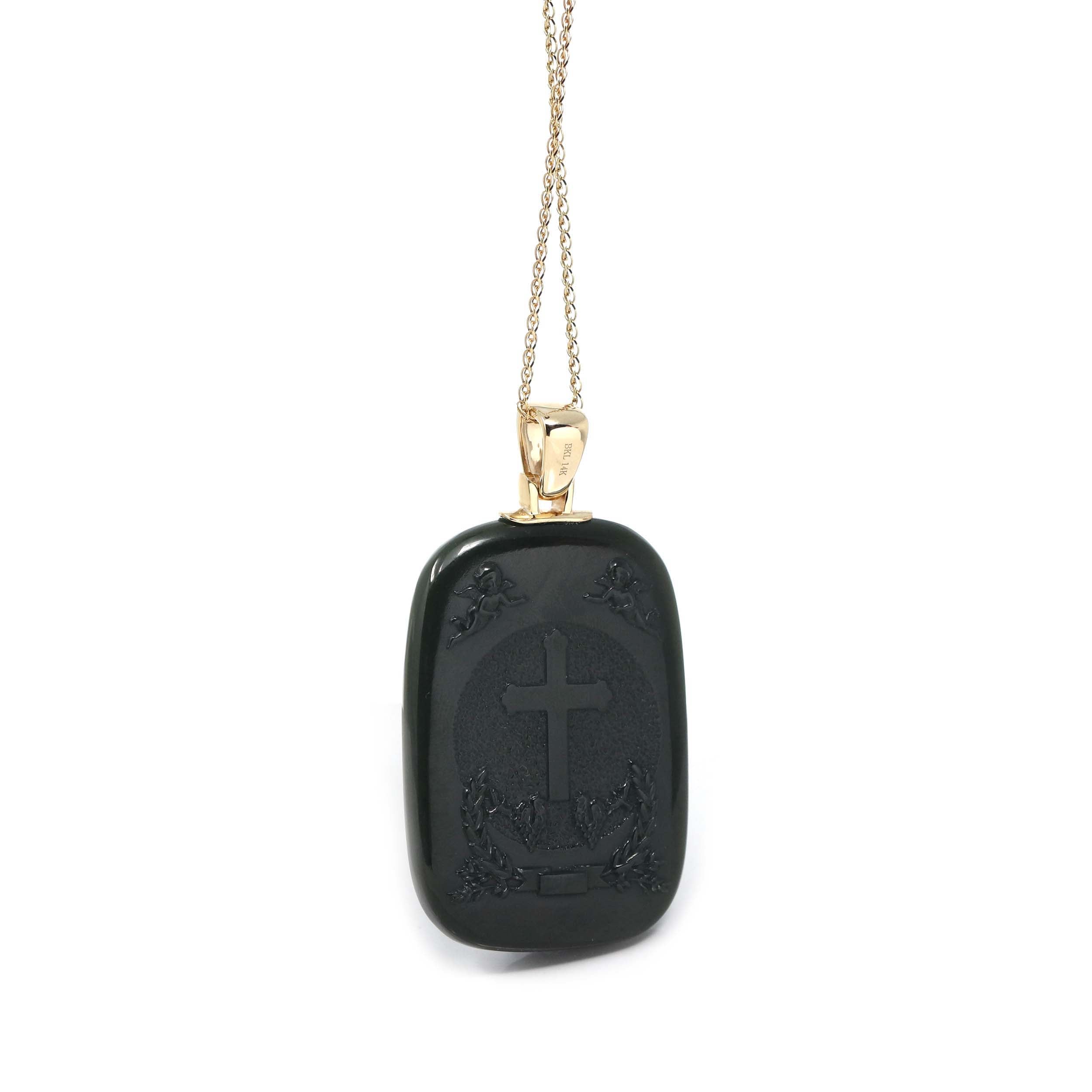Baikalla™ 14K Yellow Gold Genuine Nephrite Black Jade Mother Mary