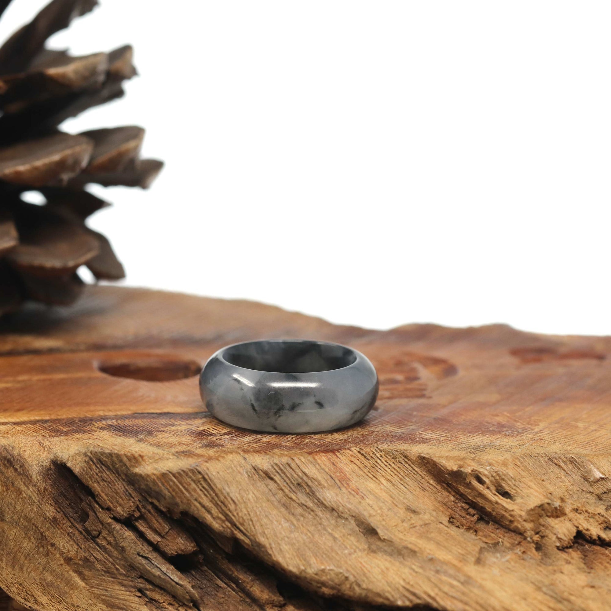 Baikalla Icy Wuji (乌鸡)&quot;Black Chicken&quot; Flowers Burmese Jadeite Jade Wide Band Traditional Ring 