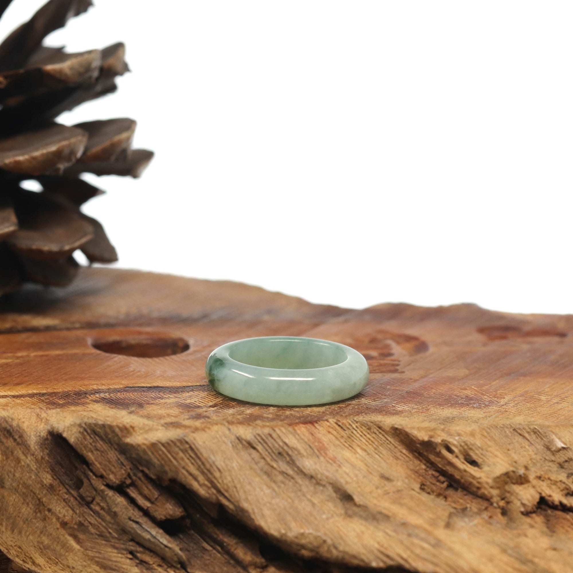 Natural Green Flower Burmese Jadeite Jade Band Ring 