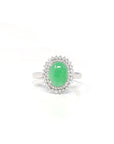 18k White Gold Natural Rich Green Jadeite Jade Engagement Ring w/ Double Halo Diamonds