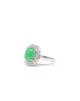 18k White Gold Natural Rich Green Jadeite Jade Engagement Ring w/ Double Halo Diamonds