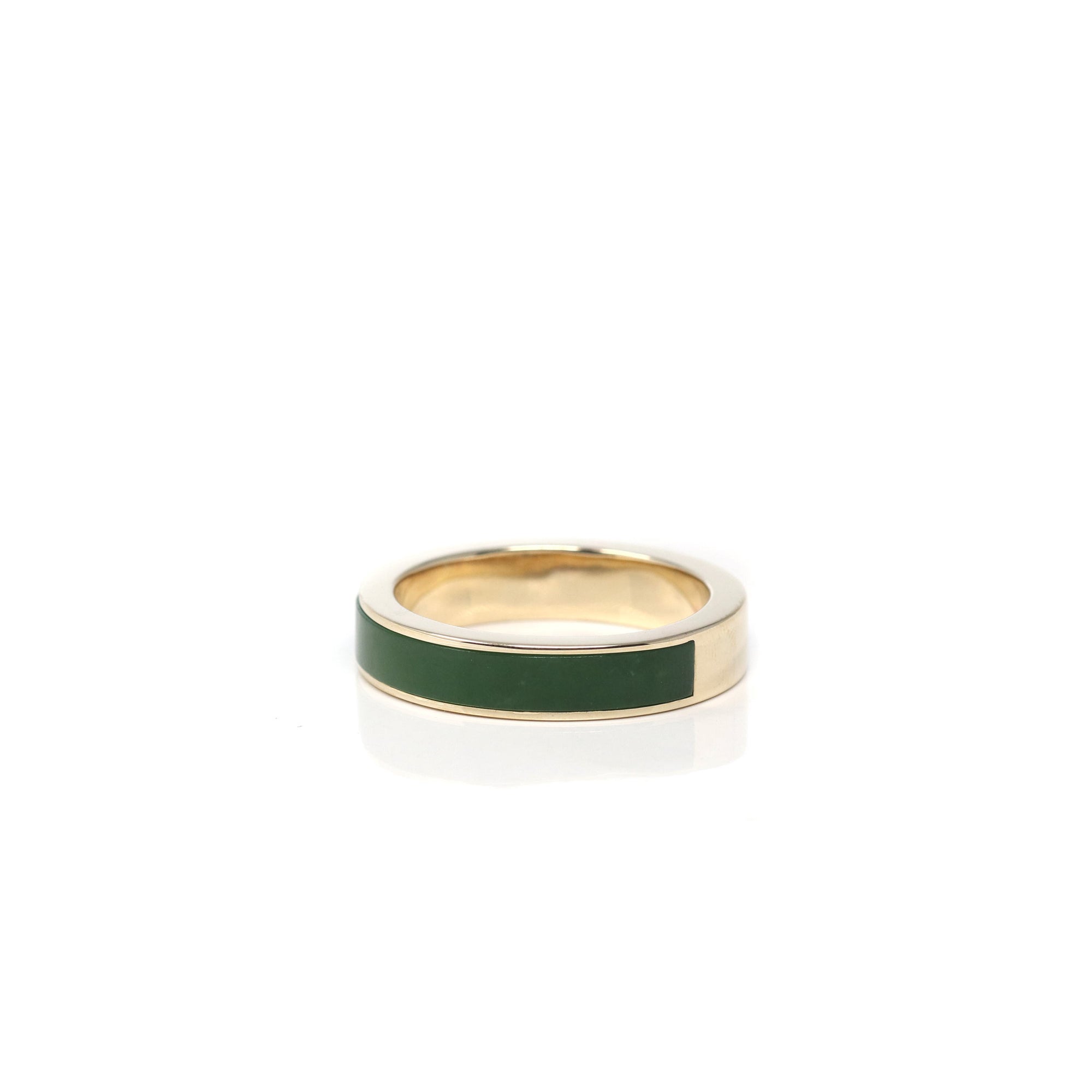 Baikalla 14k Yellow Gold Forest Green Natural Nephrite Jade 3/4 Inlay Men&#39;s Wedding Ring 