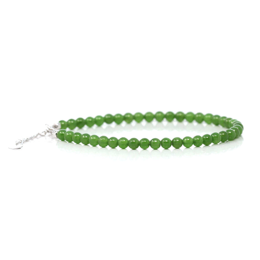Baikalla Jewelry jade beads bracelet Genuine High Green Jade Round Beads Bracelet Bangle with 18k White Gold Jump Ring( 4 mm )