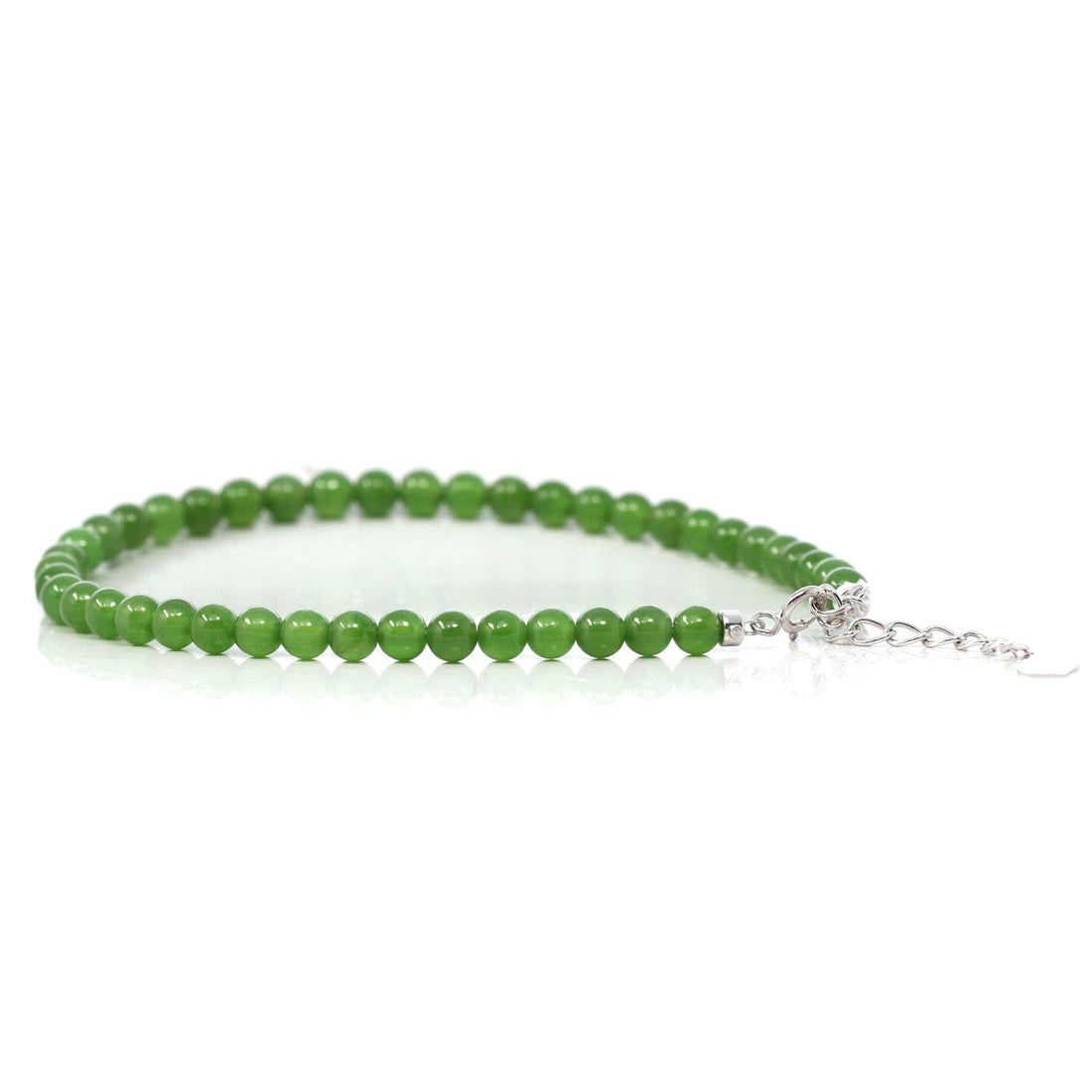 Baikalla Jewelry jade beads bracelet Genuine High Green Jade Round Beads Bracelet Bangle with 18k White Gold Jump Ring( 4 mm )