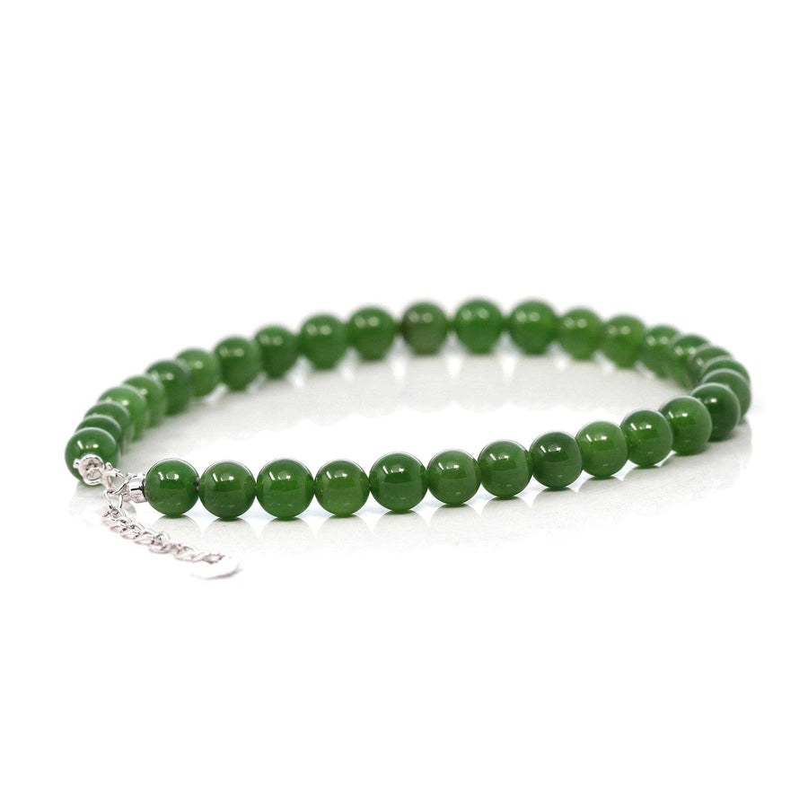 Baikalla Jewelry jade beads bracelet Baikalla Genuine Fine Green Nephrite Jade Round Beads Bracelet With 18K White Gold Jump Ring ( 6mm )