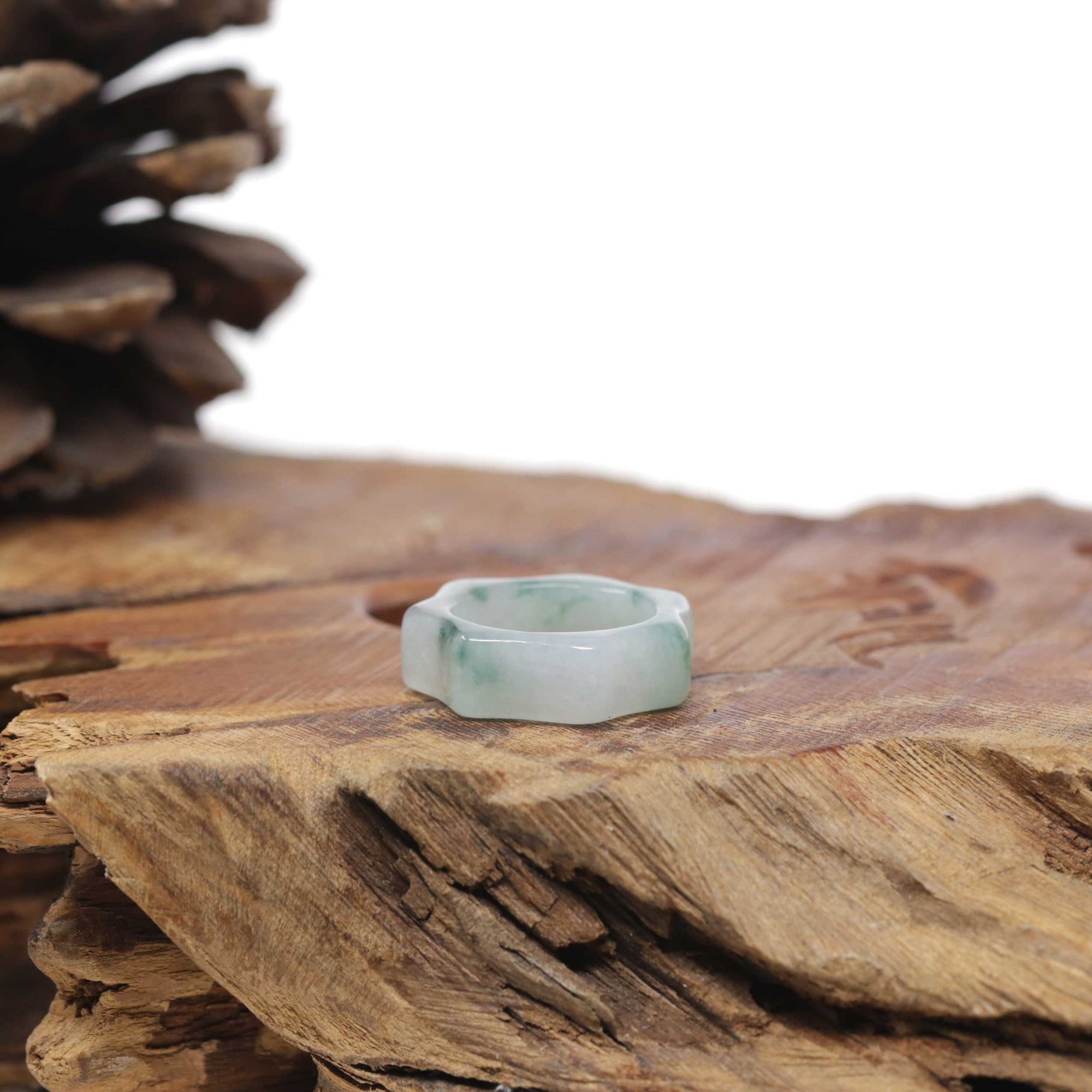 Baikalla Natural Icy Blue-Green Flower Jadeite Jade "Geometric Style" Traditional Ring 