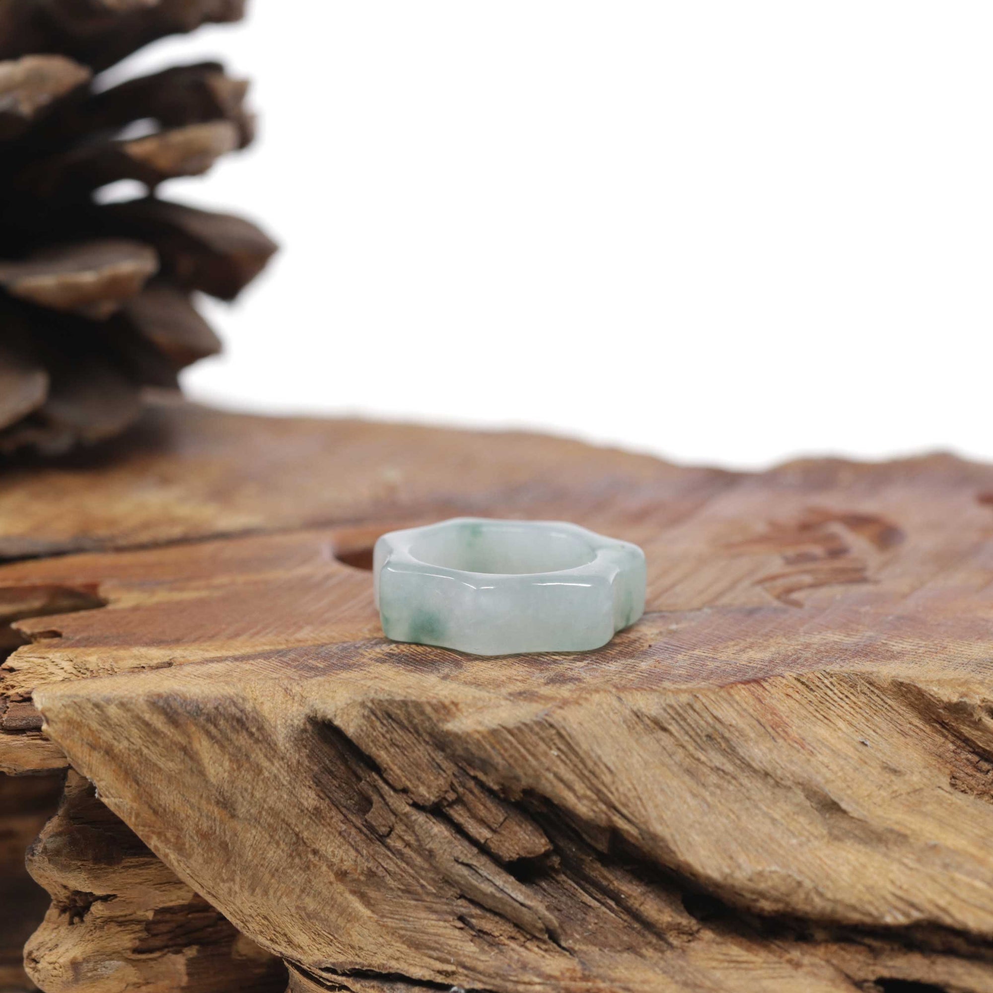 Baikalla Natural Icy Blue-Green Flower Jadeite Jade "Geometric Style" Traditional Ring 