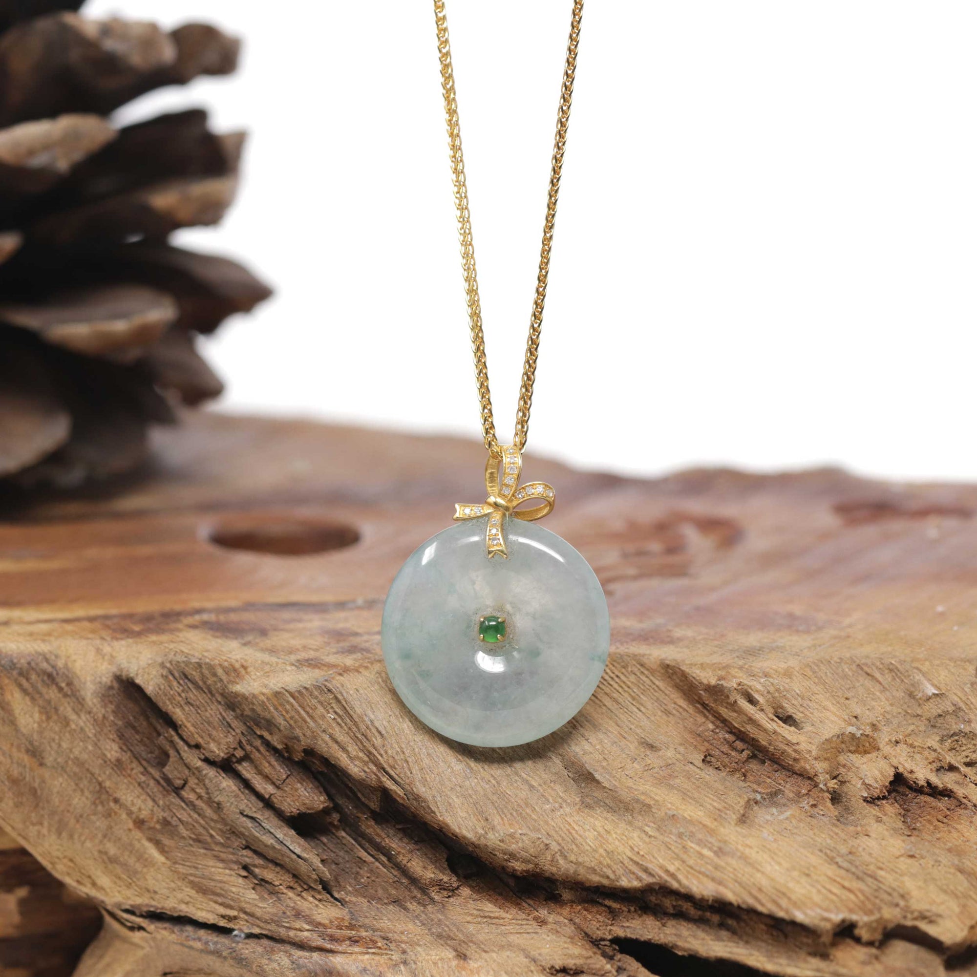 Baikalla Natural Icy Blue-Green Jadeite Jade "Ping An Kou" (Good Luck Button) Pendant W/ 18ky Gold &amp; Natural Diamond Bail