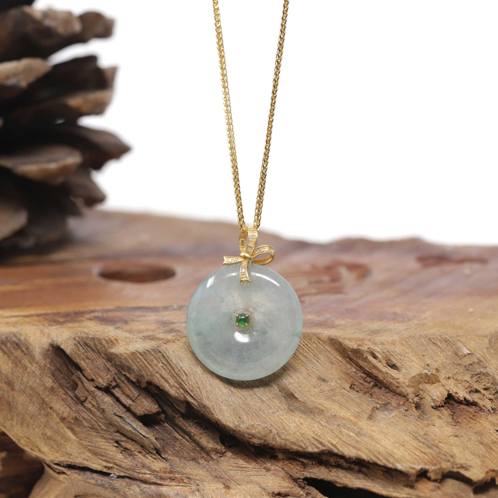 Baikalla Natural Icy Blue-Green Jadeite Jade "Ping An Kou" (Good Luck Button) Pendant W/ 18ky Gold &amp; Natural Diamond Bail