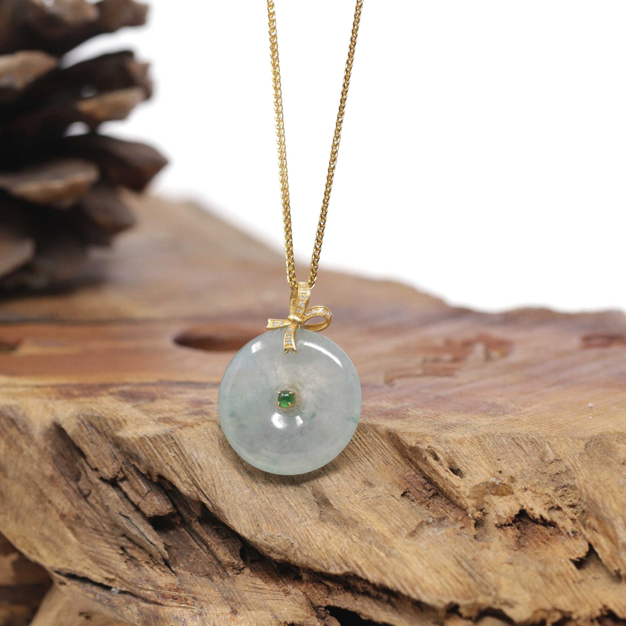 Baikalla Natural Icy Blue-Green Jadeite Jade "Ping An Kou" (Good Luck Button) Pendant W/ 18ky Gold &amp; Natural Diamond Bail