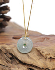 Baikalla Natural Icy Blue-Green Jadeite Jade "Ping An Kou" (Good Luck Button) Pendant W/ 18ky Gold & Natural Diamond Bail