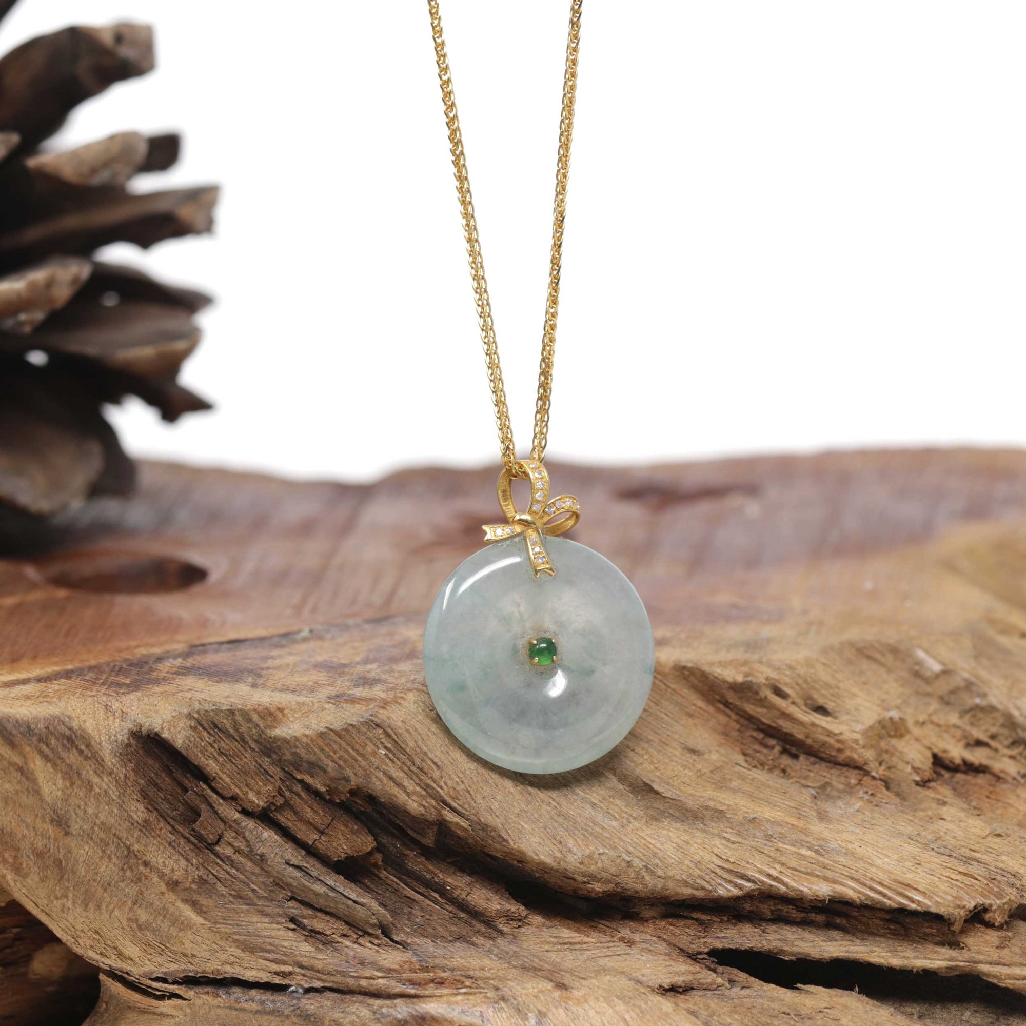 Baikalla Natural Icy Blue-Green Jadeite Jade "Ping An Kou" (Good Luck Button) Pendant W/ 18ky Gold &amp; Natural Diamond Bail