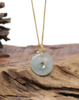 Baikalla Natural Icy Blue-Green Jadeite Jade "Ping An Kou" (Good Luck Button) Pendant W/ 18ky Gold & Natural Diamond Bail