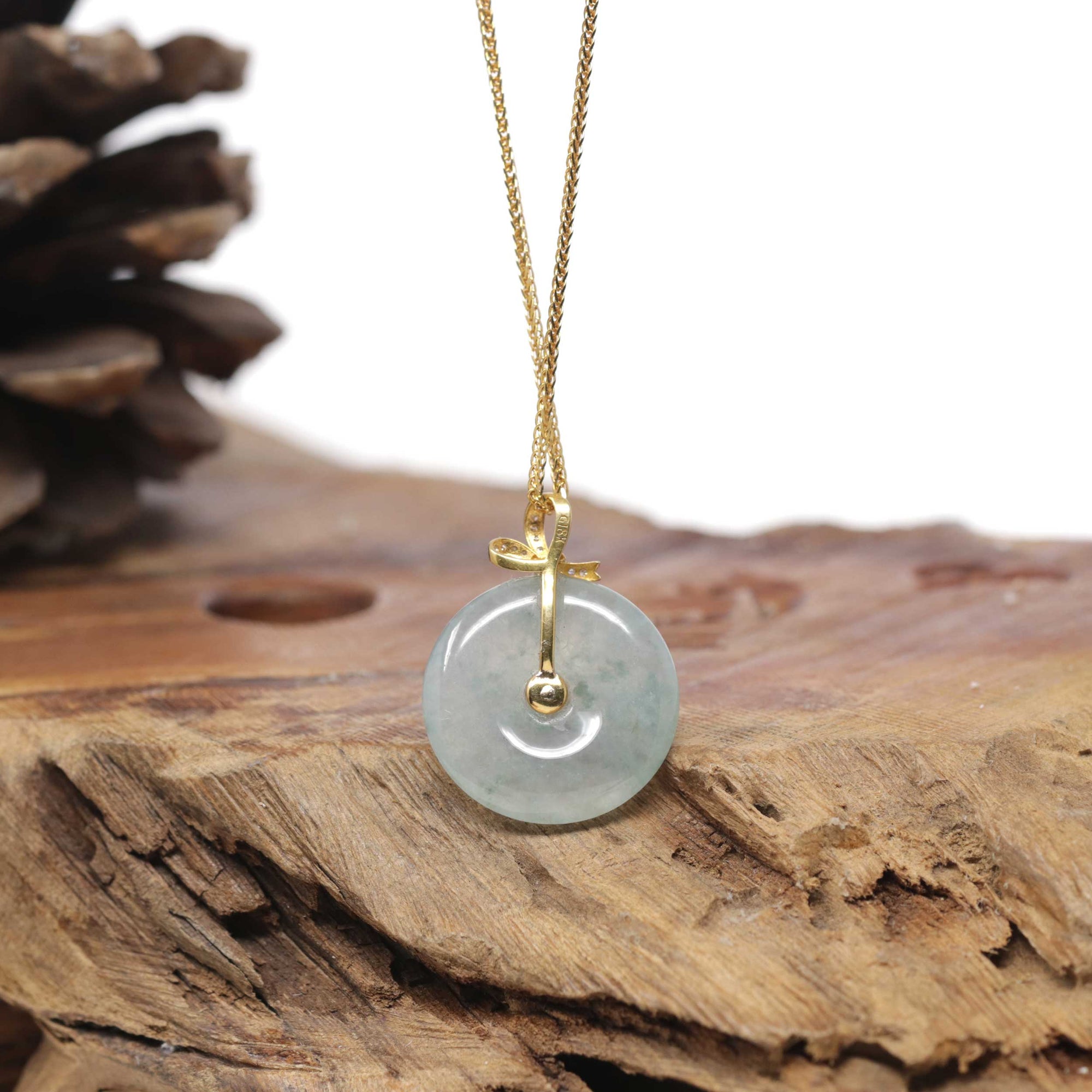 Baikalla Natural Icy Blue-Green Jadeite Jade "Ping An Kou" (Good Luck Button) Pendant W/ 18ky Gold &amp; Natural Diamond Bail