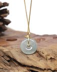 Baikalla Natural Icy Blue-Green Jadeite Jade "Ping An Kou" (Good Luck Button) Pendant W/ 18ky Gold & Natural Diamond Bail
