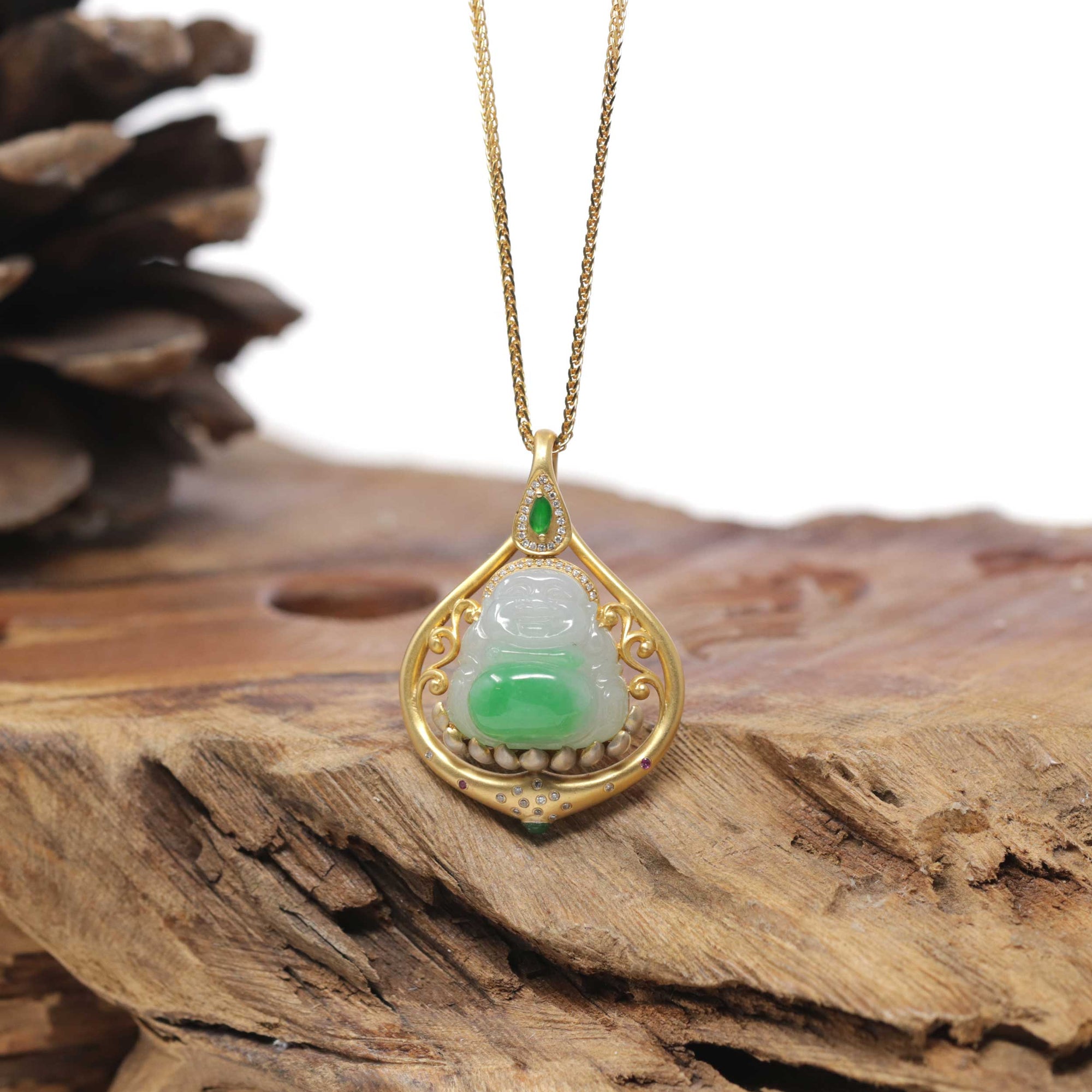 Baikalla Natural Vibrant Green Patch Jadeite Jade "Happy Buddha" Pendant W/ 18K Yellow Gold &amp; Natural Diamond Bail