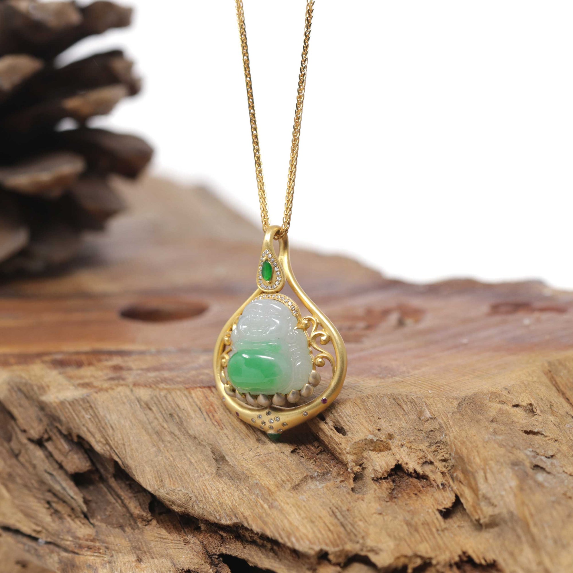 Baikalla Natural Vibrant Green Patch Jadeite Jade "Happy Buddha" Pendant W/ 18K Yellow Gold &amp; Natural Diamond Bail