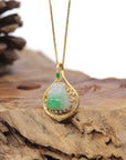 Baikalla Natural Vibrant Green Patch Jadeite Jade "Happy Buddha" Pendant W/ 18K Yellow Gold & Natural Diamond Bail