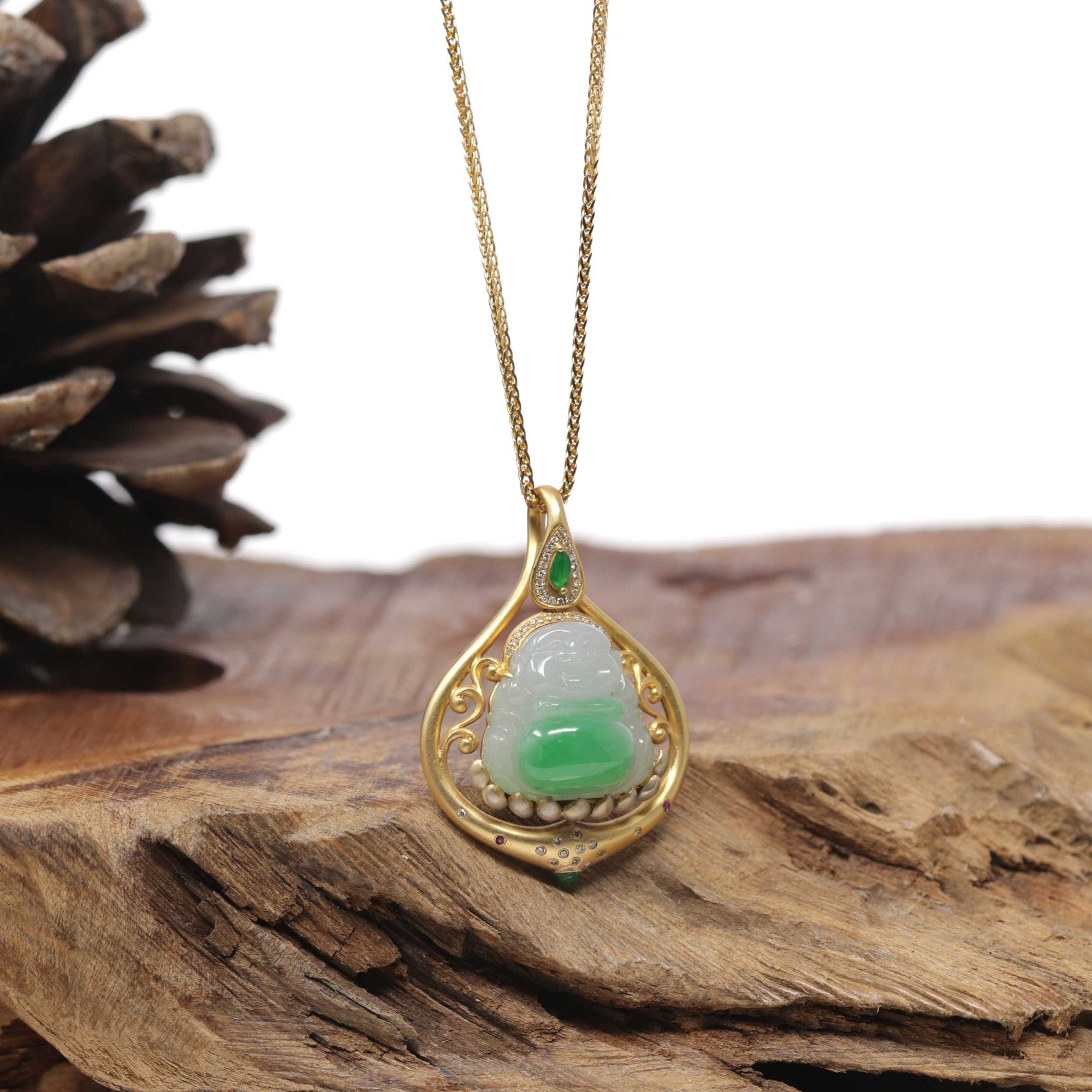 Baikalla Natural Vibrant Green Patch Jadeite Jade "Happy Buddha" Pendant W/ 18K Yellow Gold &amp; Natural Diamond Bail