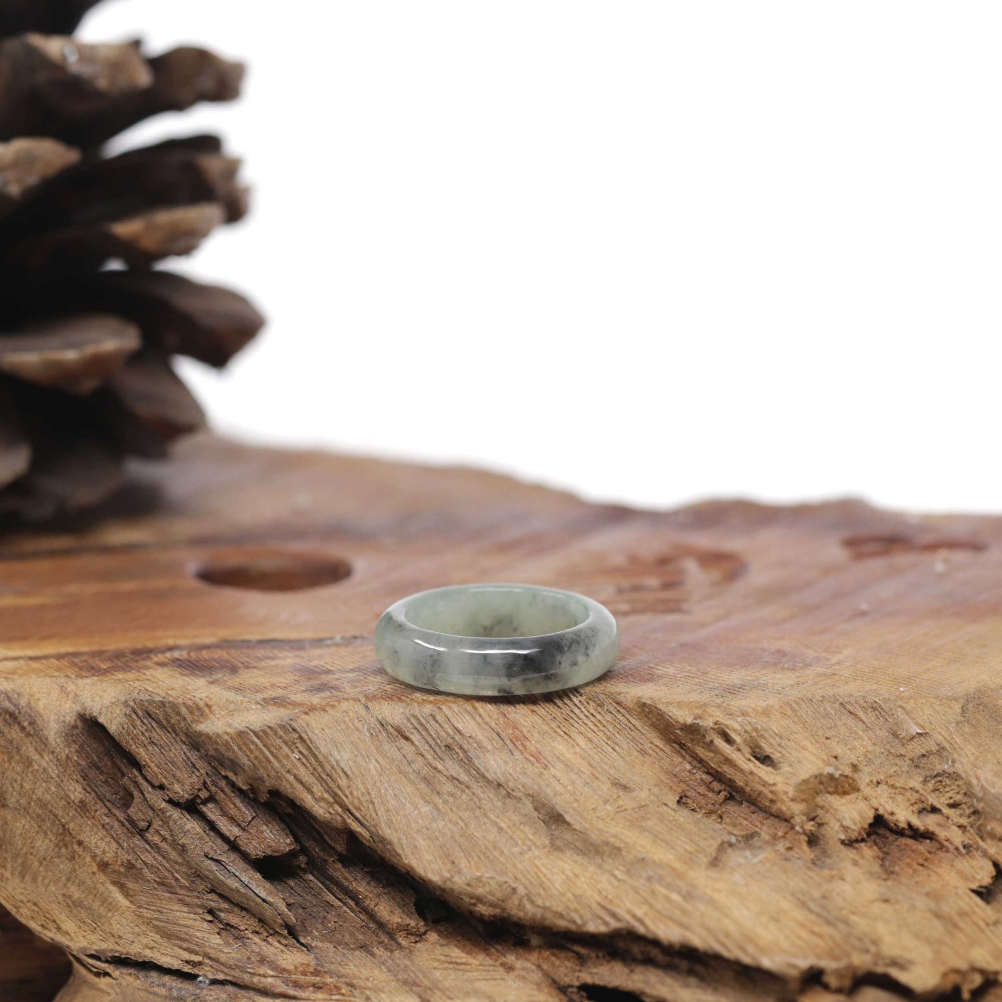 Baikalla Natural Icy Green &amp; Black Wuji Jadeite Jade Traditional Ring 