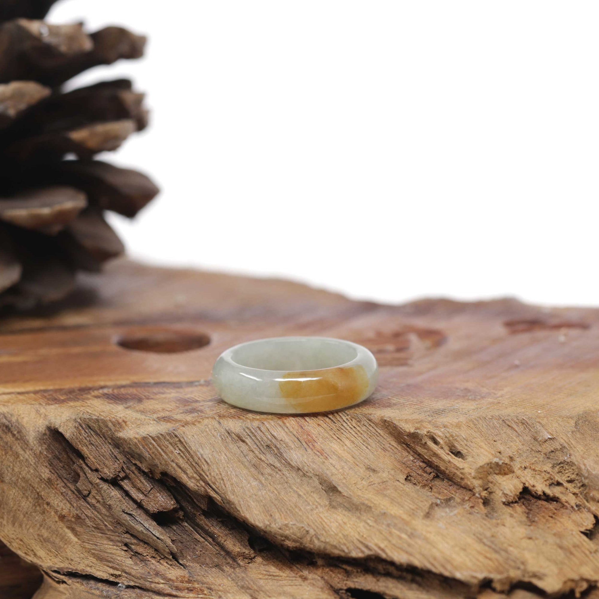 Baikalla Natural Icy Light Oil-Green &amp; Orange Patch Jadeite Jade Traditional Ring 