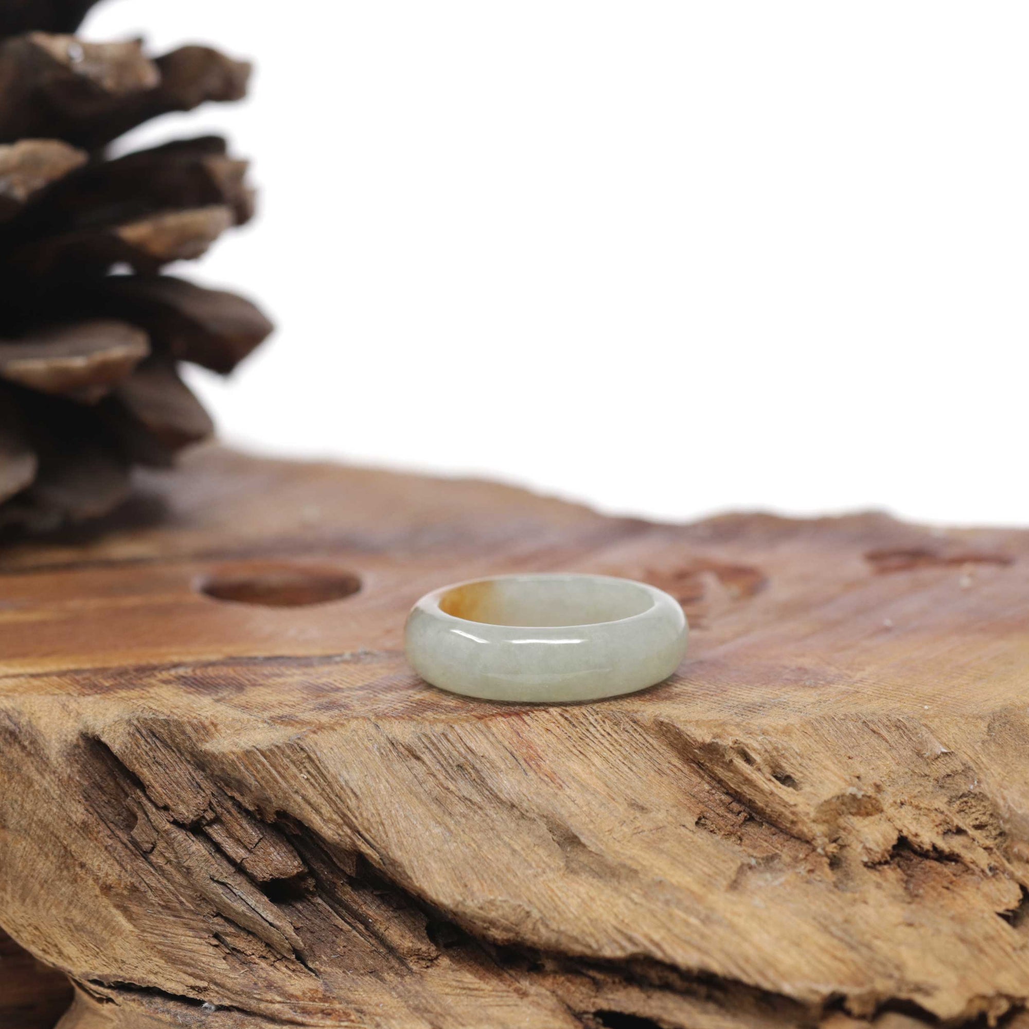 Baikalla Natural Icy Light Oil-Green &amp; Orange Patch Jadeite Jade Traditional Ring 