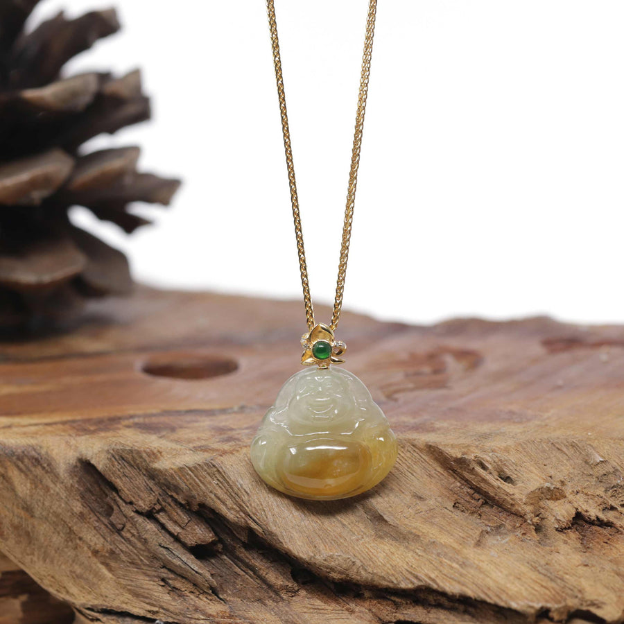 Baikalla Natural Icy Yellow-Orange Jadeite Jade "Happy Buddha" Pendant W/ 18ky Gold & Natural Diamond Bail
