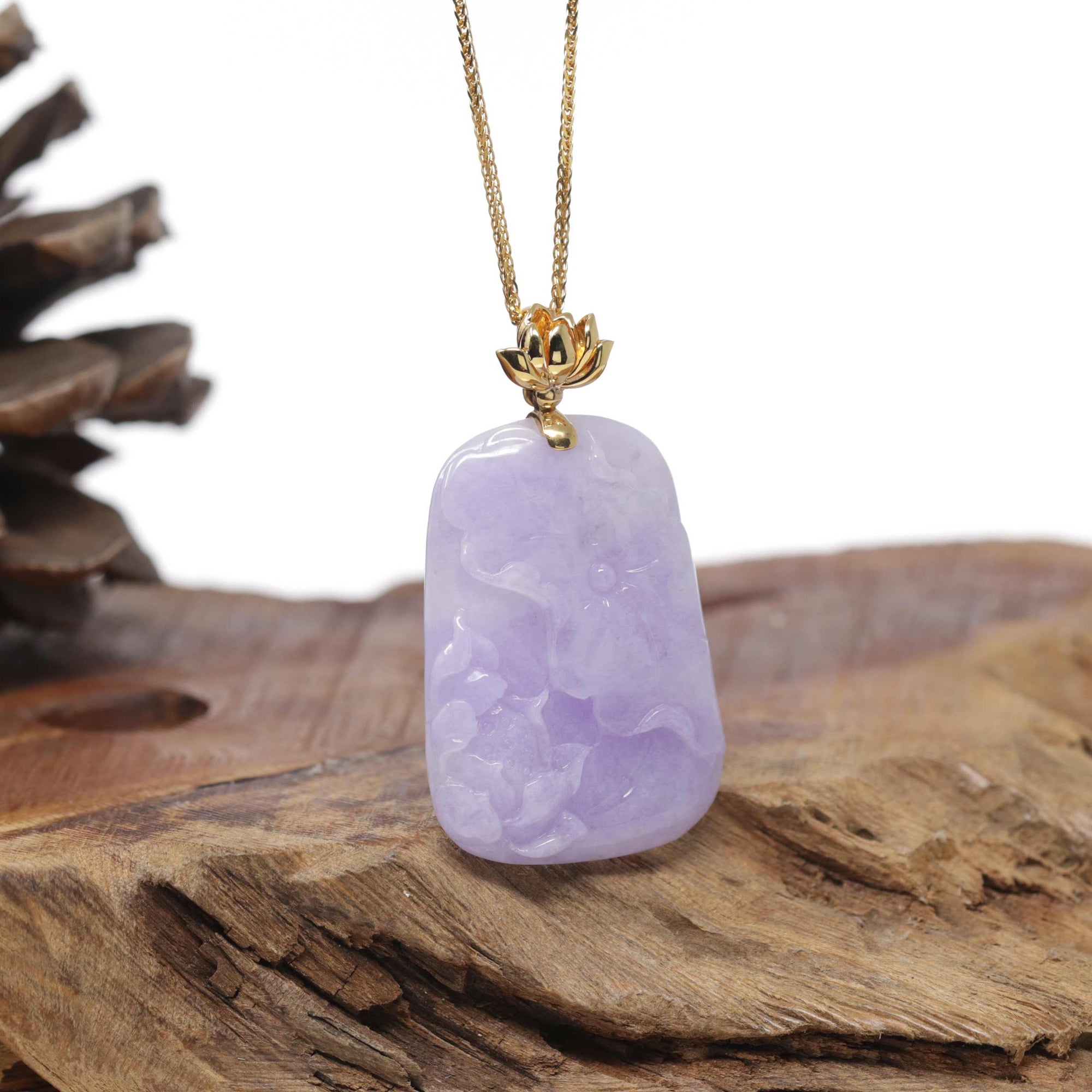 Baikalla Natural Vixen Lavender Jadeite Jade "Lotus Flower" Pendant W/ 14ky Gold Bail