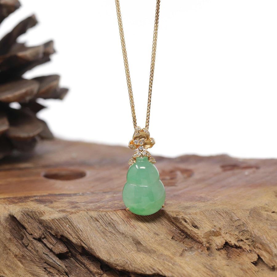 Baikalla Natural Icy Apple-Green Jadeite Jade "Hulu" Pendant W/ 18ky Gold & Natural Diamond Bail