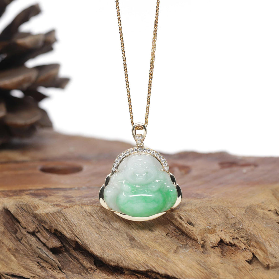 Baikalla Natural Vibrant Green Patch Jadeite Jade "Happy Buddha" Pendant W/ 14K Yellow Gold & Natural Diamond Bail