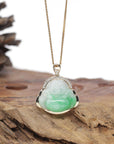 Baikalla Natural Vibrant Green Patch Jadeite Jade "Happy Buddha" Pendant W/ 14K Yellow Gold & Natural Diamond Bail