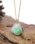 Baikalla Natural Vibrant Green Patch Jadeite Jade "Happy Buddha" Pendant W/ 14K Yellow Gold & Natural Diamond Bail