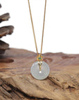 Baikalla Natural Icy Jadeite Jade "Ping An Kou" (Good Luck Button) Pendant W/ 18ky Gold Bail