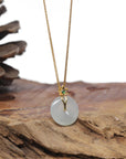 Baikalla Natural Icy Jadeite Jade "Ping An Kou" (Good Luck Button) Pendant W/ 18ky Gold Bail