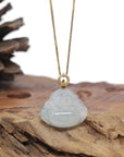 Baikalla Natural Icy W/ Blue-Green Patch Jadeite Jade "Happy Buddha" Pendant W/ 18ky Gold & Natural Diamond Bail