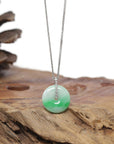 Baikalla Natural Vibrant Green Jadeite Jade "Ping An Kou" (Good Luck Button) Pendant W/ 18kw Gold & Natural Diamonds